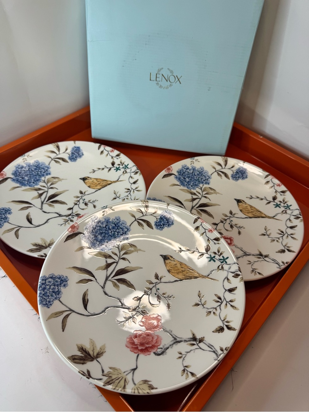 Lenox Floral Bird Dinner Plates in Blue, Pink and Yellow (Set of 3)